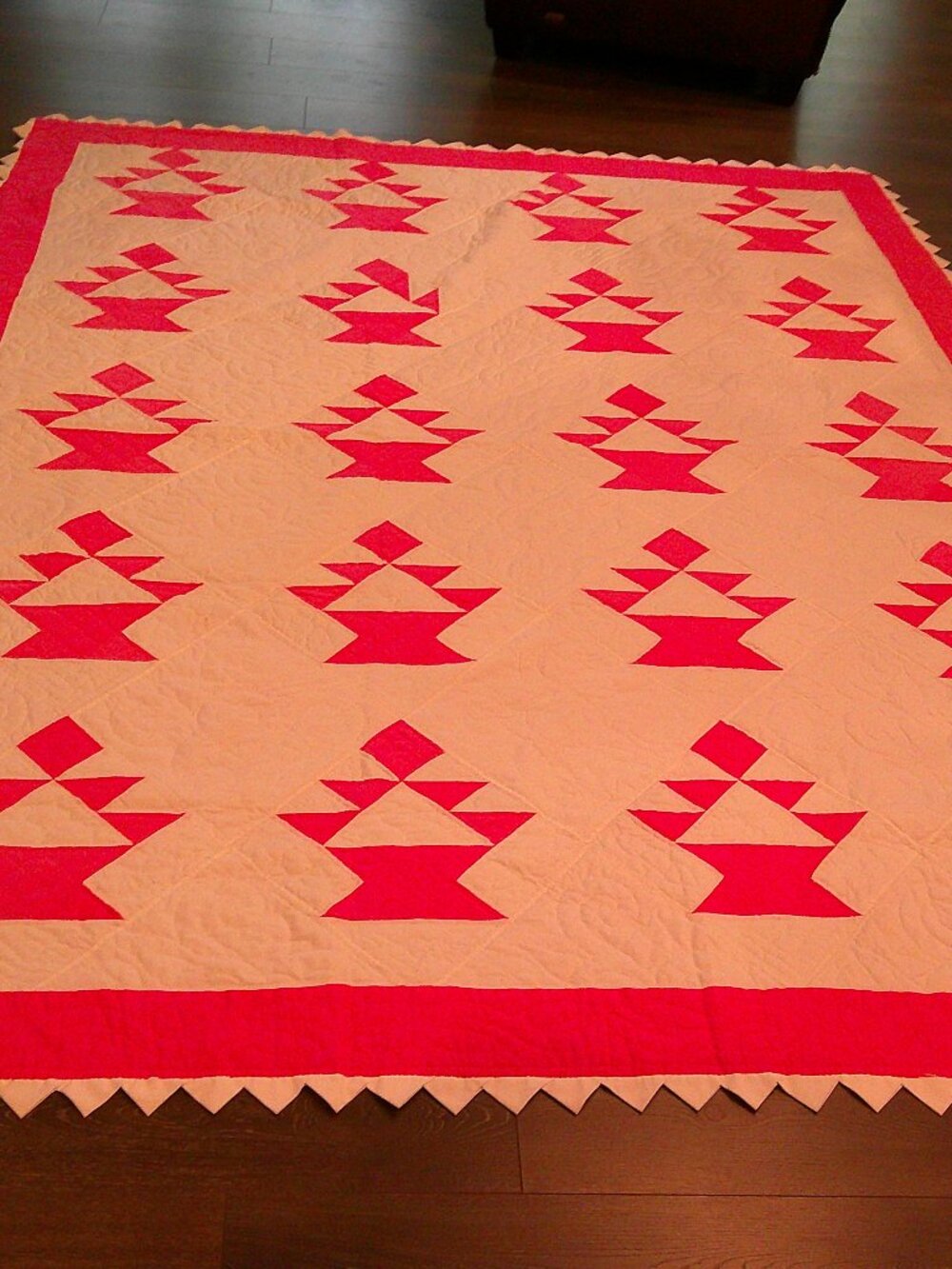 Vintage Handmade Basket design  Quilt  in pink and white  100 by 80 inches